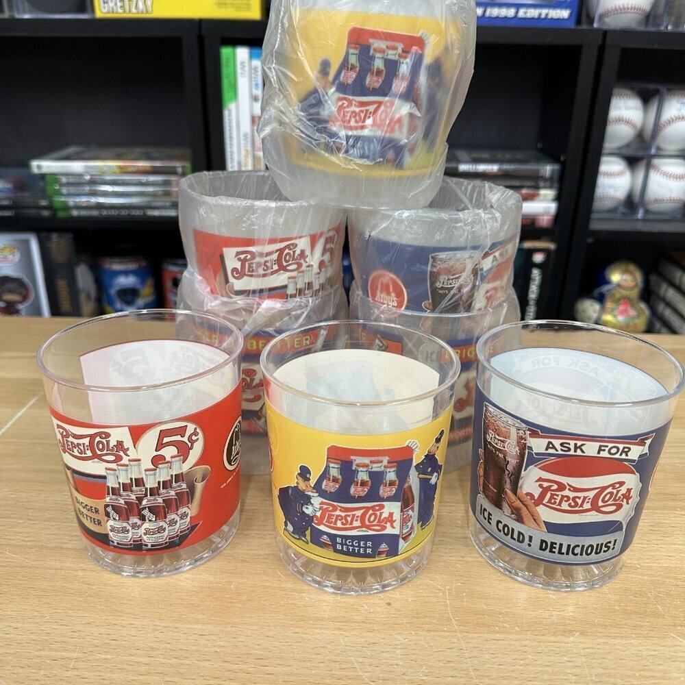 Lot Of 8 Pepsi Cola Plastic Cups from Arby's Never Used Blue / Red / Yellow